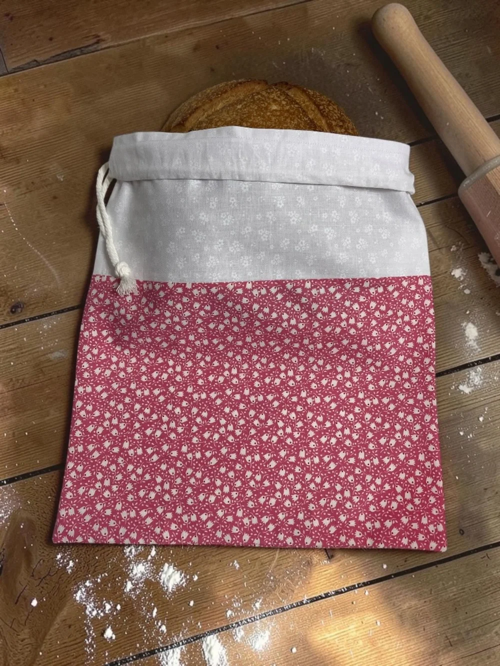 White Tulip & Pink Cotton Bread Bag | Reusable Sourdough Bread Storage Bag
